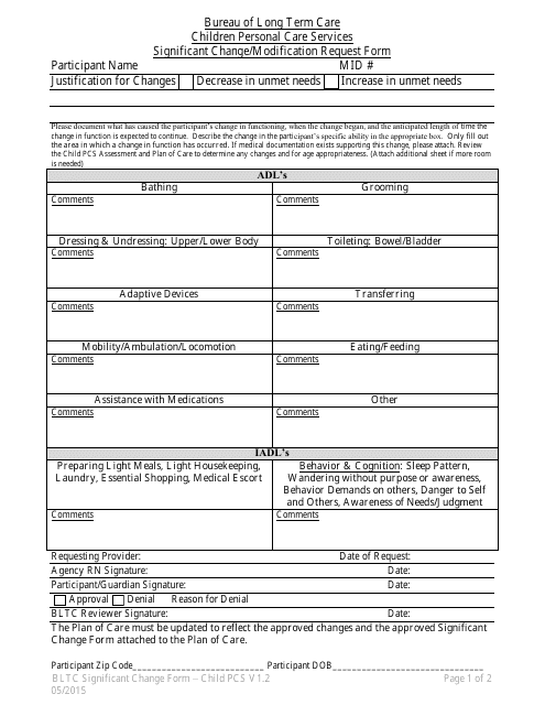 Significant Change / Modification Request Form - Children Personal Care Services - Idaho Download Pdf