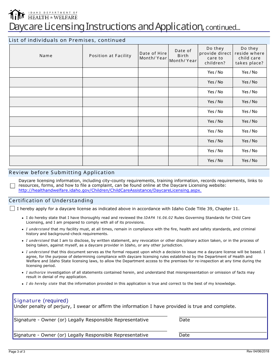 Daycare License Application Form - Idaho, Page 3