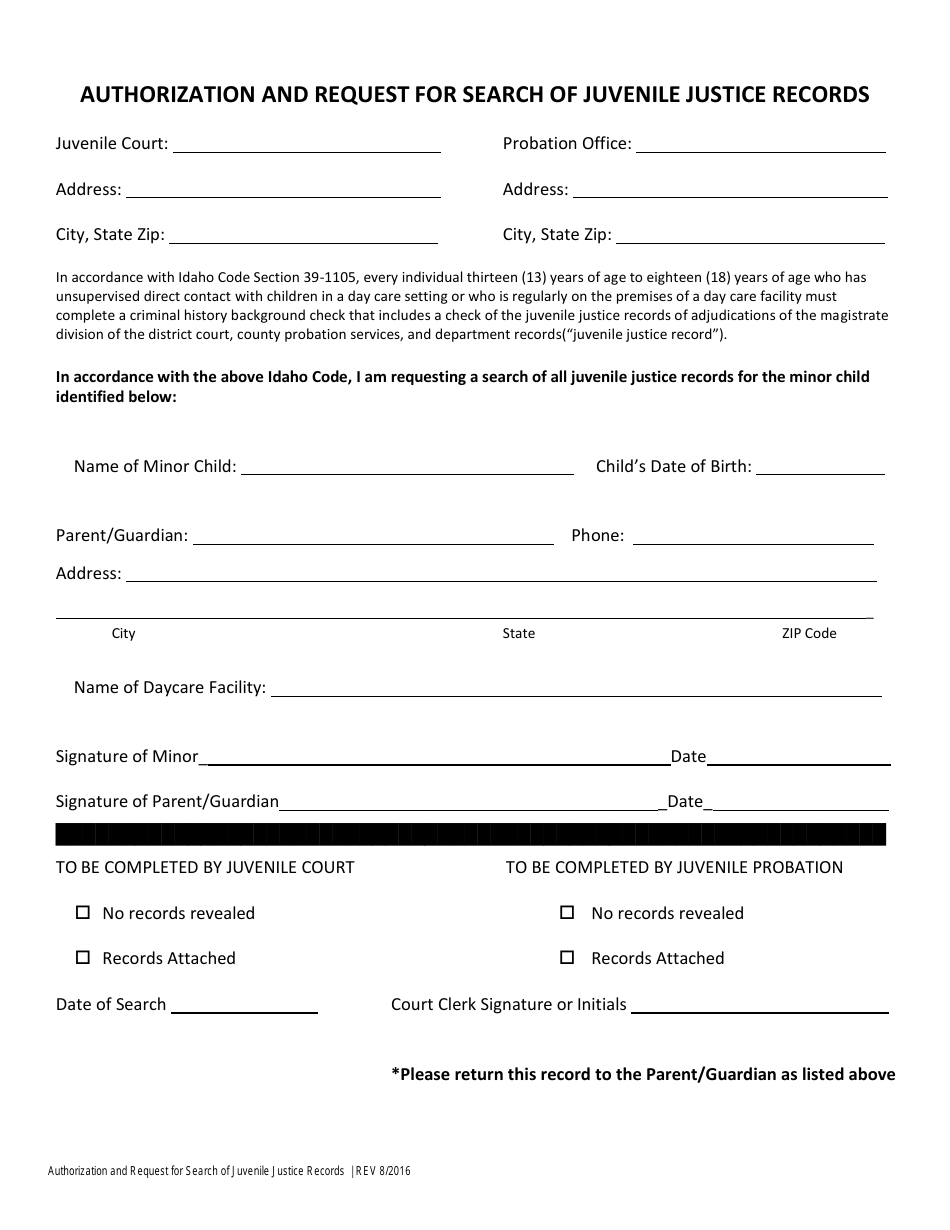 Authorization and Request for Search of Juvenile Justice Records - Idaho, Page 2