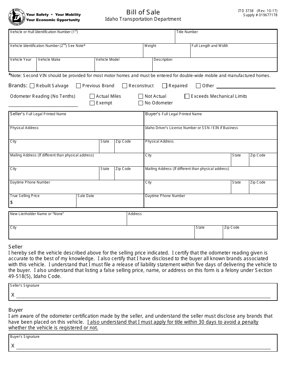 Form ITD3738 Vehicle / Boat Bill of Sale - Idaho, Page 1