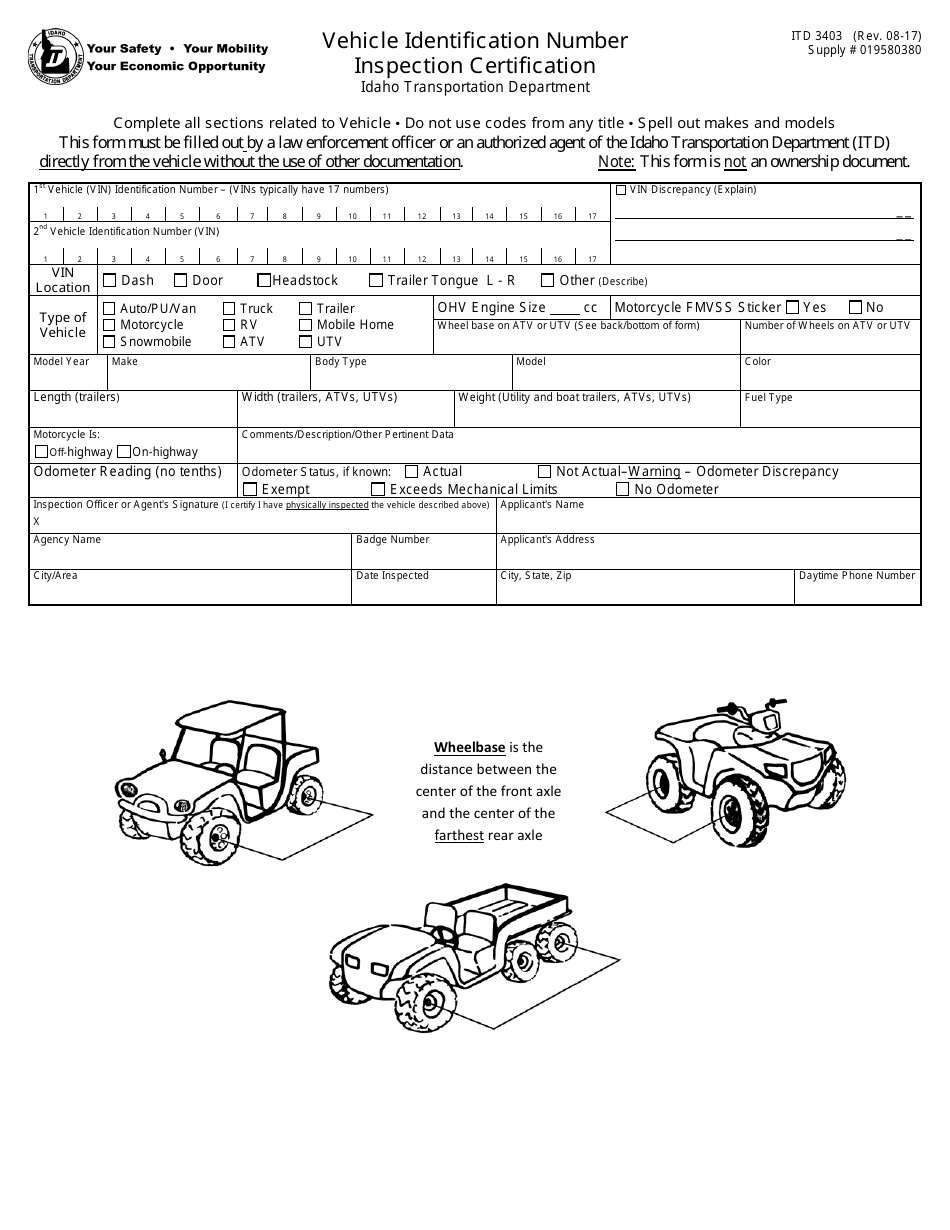 Form ITD3403 Vehicle Identification Number Inspection Certification - Idaho, Page 1