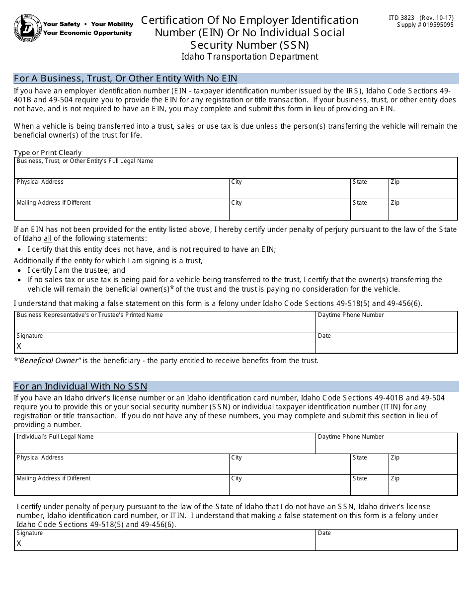 Form ITD3823 Certification of No Employer Identification Number (Ein) or No Individual Social Security Number (Ssn) - Idaho, Page 1