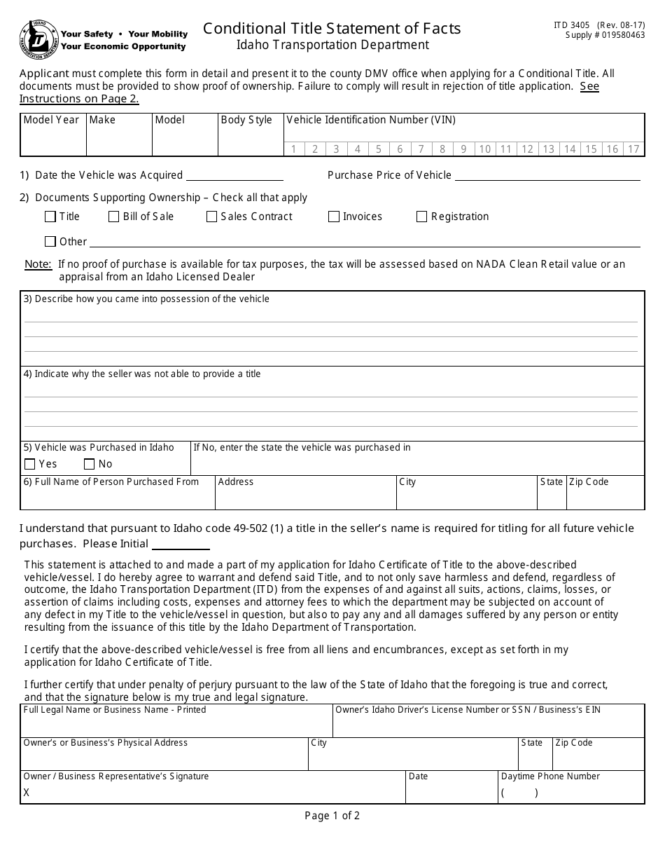 Form ITD3405 - Fill Out, Sign Online and Download Fillable PDF, Idaho ...