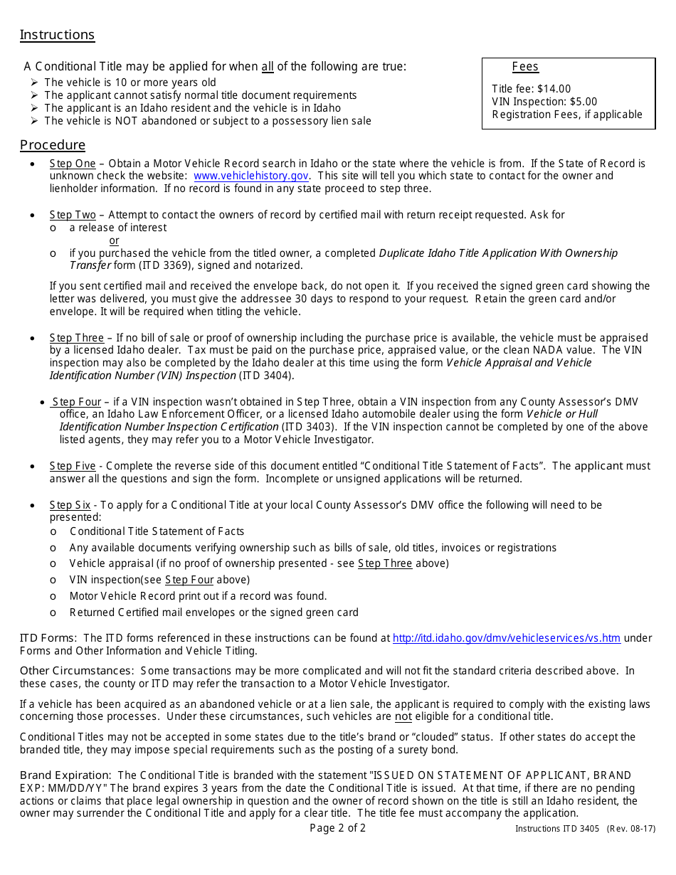 Form ITD3405 Conditional Title Statement of Facts - Idaho, Page 2