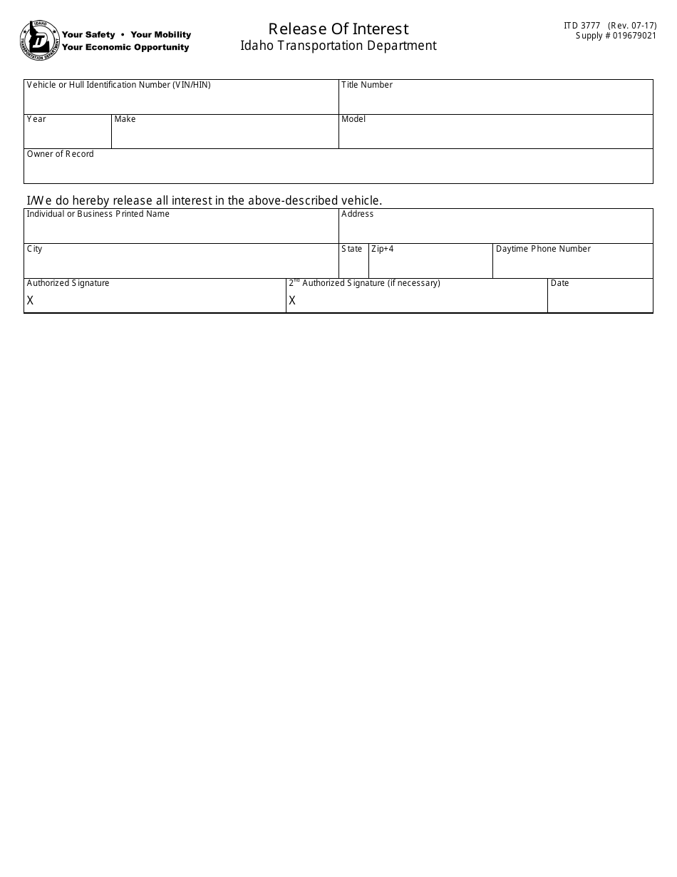 Form ITD3777 - Fill Out, Sign Online and Download Fillable PDF, Idaho ...