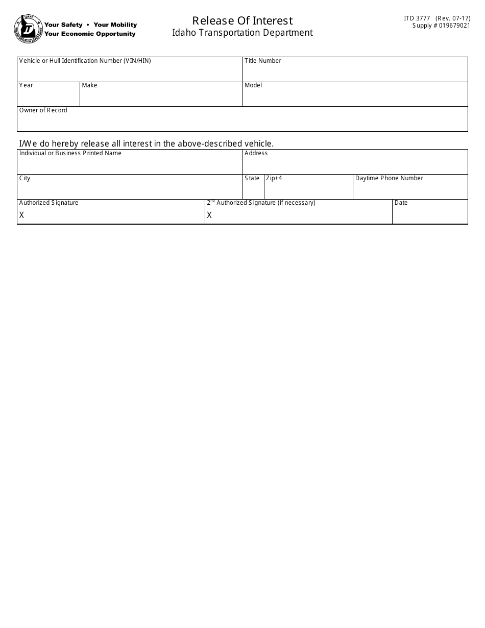 Form ITD3777 Release of Interest - Idaho, Page 1