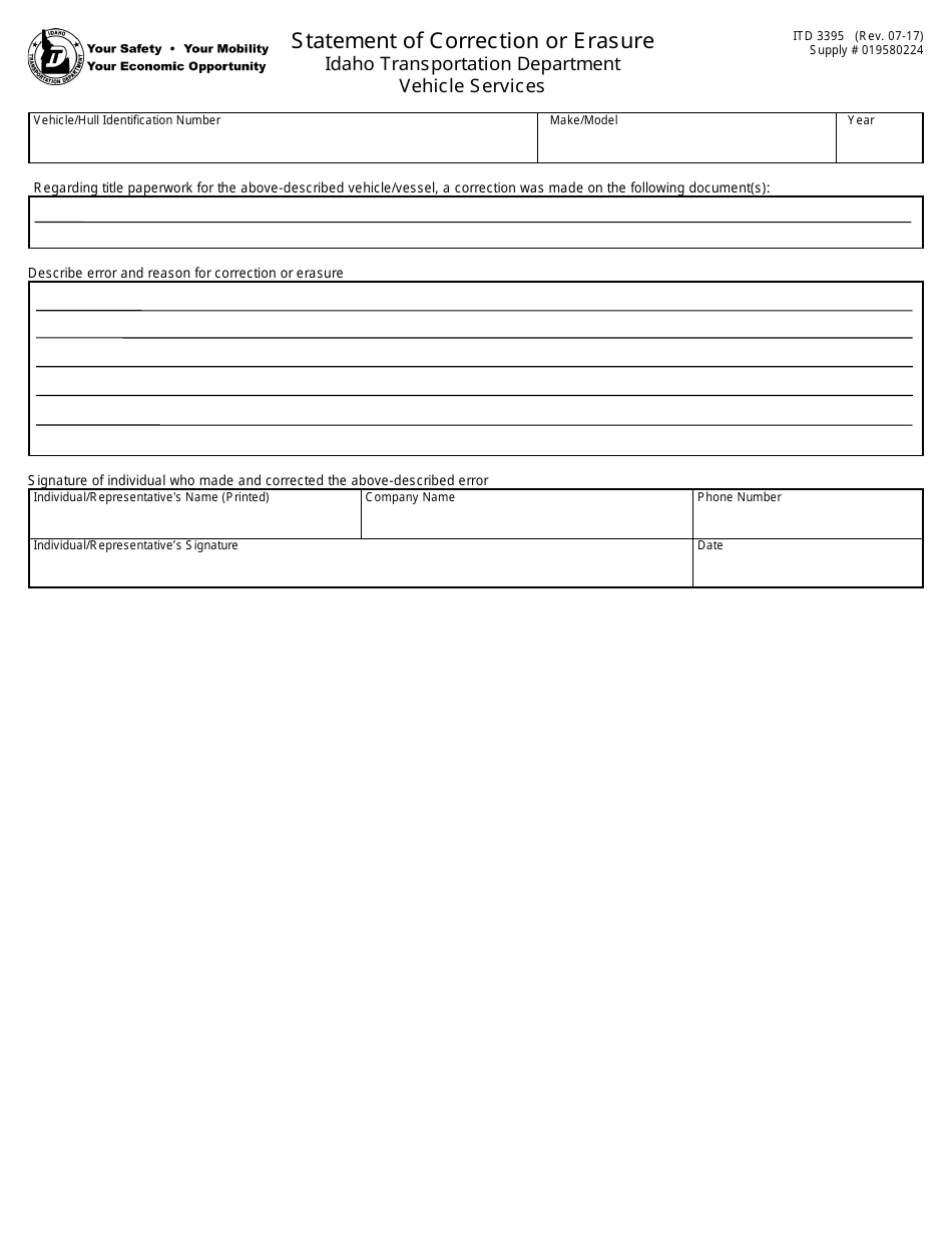 Form ITD3395 - Fill Out, Sign Online and Download Fillable PDF, Idaho ...