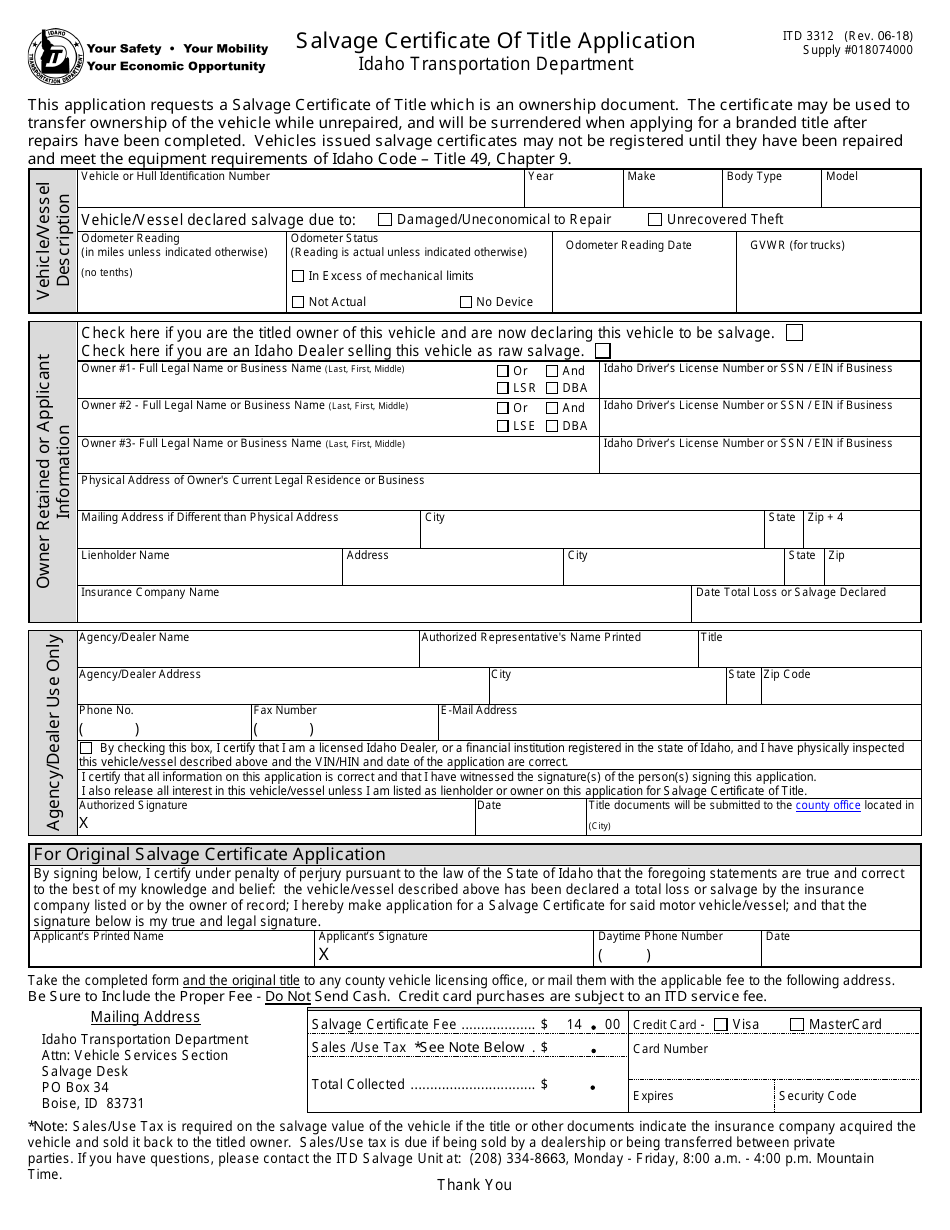 Form ITD3312 Download Fillable PDF or Fill Online Salvage Certificate ...