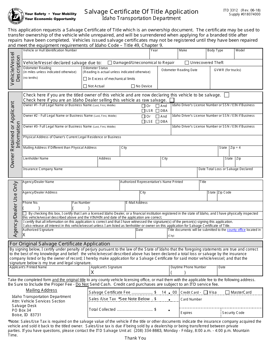 Form ITD3312 Salvage Certificate of Title Application - Idaho, Page 1