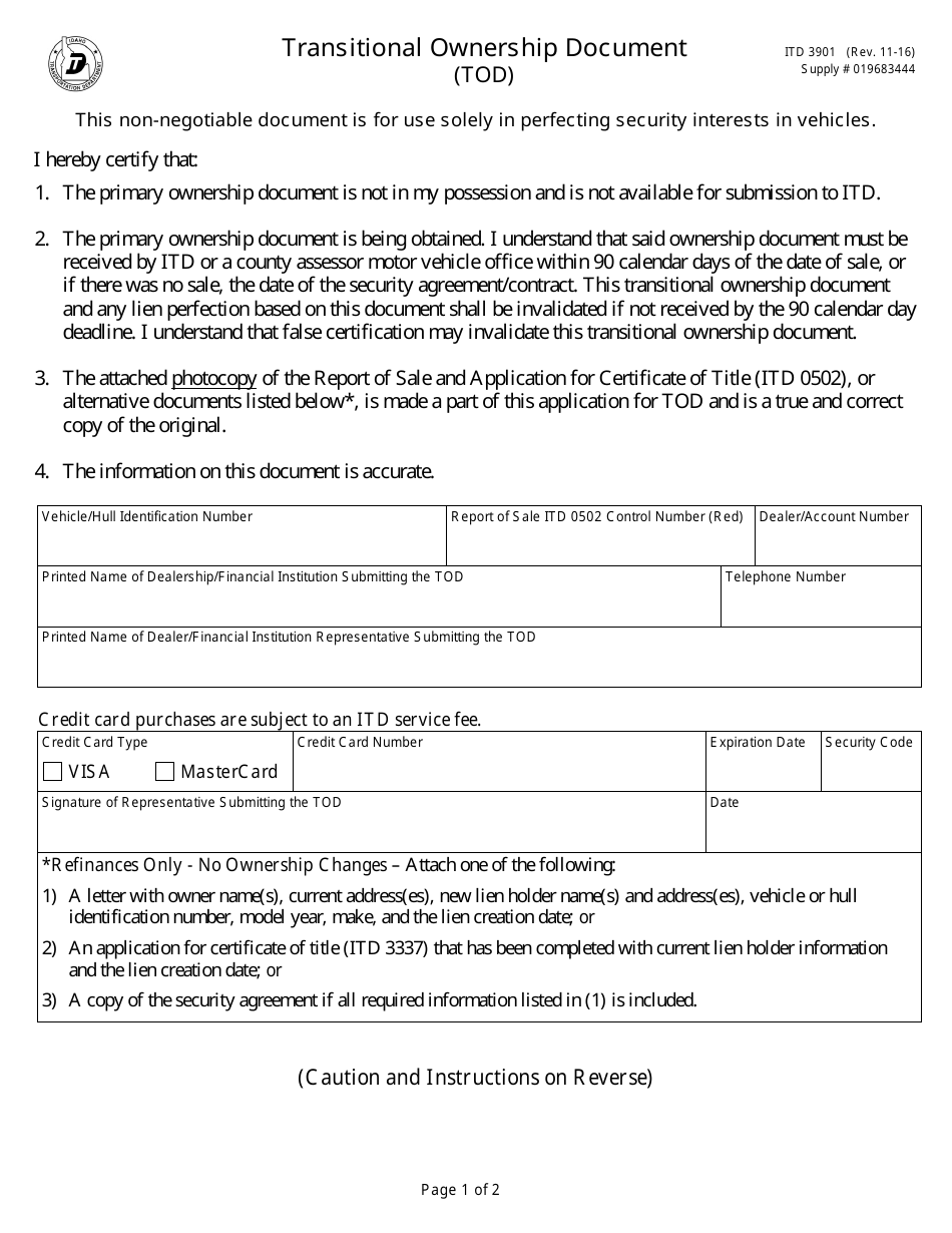 Form ITD3901 - Fill Out, Sign Online and Download Fillable PDF, Idaho ...