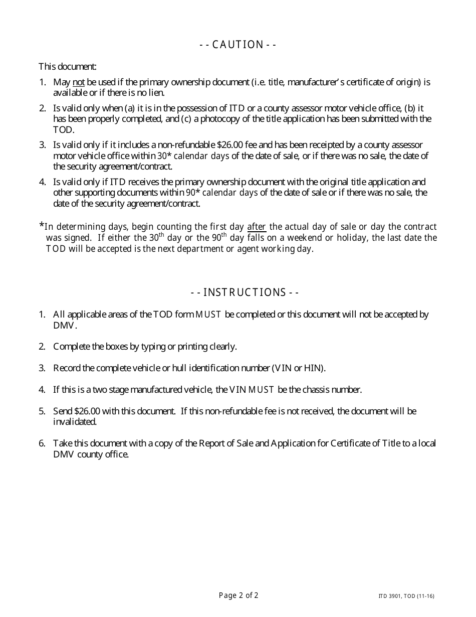 Form ITD3901 Transitional Ownership Document (Tod) - Idaho, Page 2
