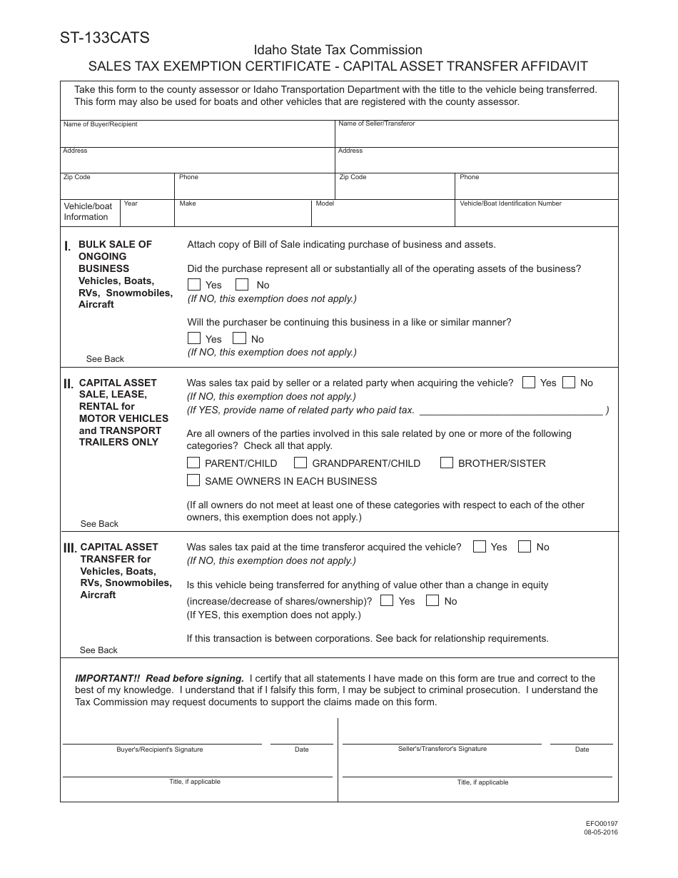 Form ST-133CATS (EFO00197) Sales Tax Exemption Certificate - Capital Asset Transfer Affidavit - Idaho, Page 1