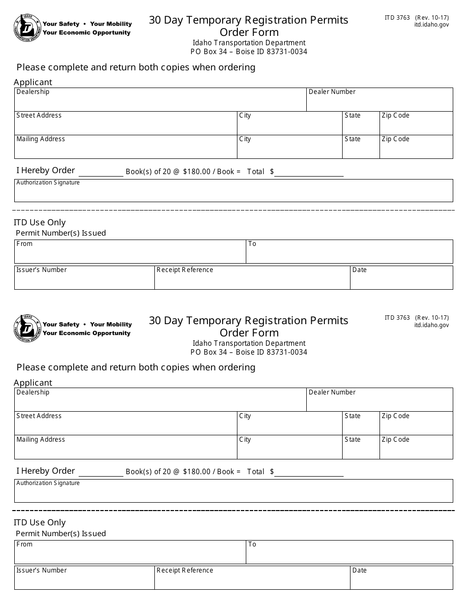 Form ITD3763 Order Form - 30 Day Temporary Registration Permits - Idaho, Page 1