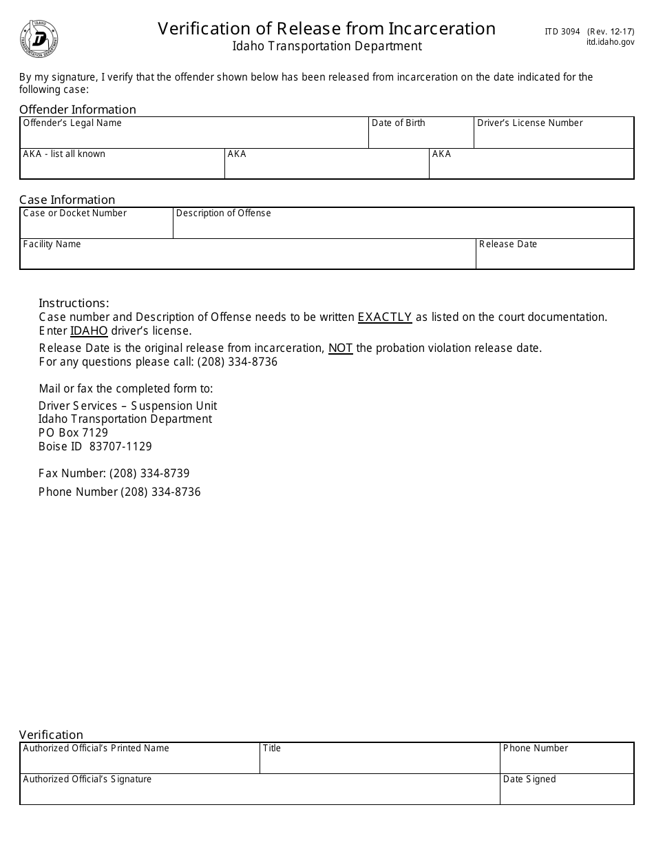 Form ITD3094 Verification of Release From Incarceration - Idaho, Page 1