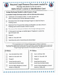 Document preview: Required Legal Presence Documents for Foreign Students to Be Issued a Idaho Driver's License or Identification Card - Idaho