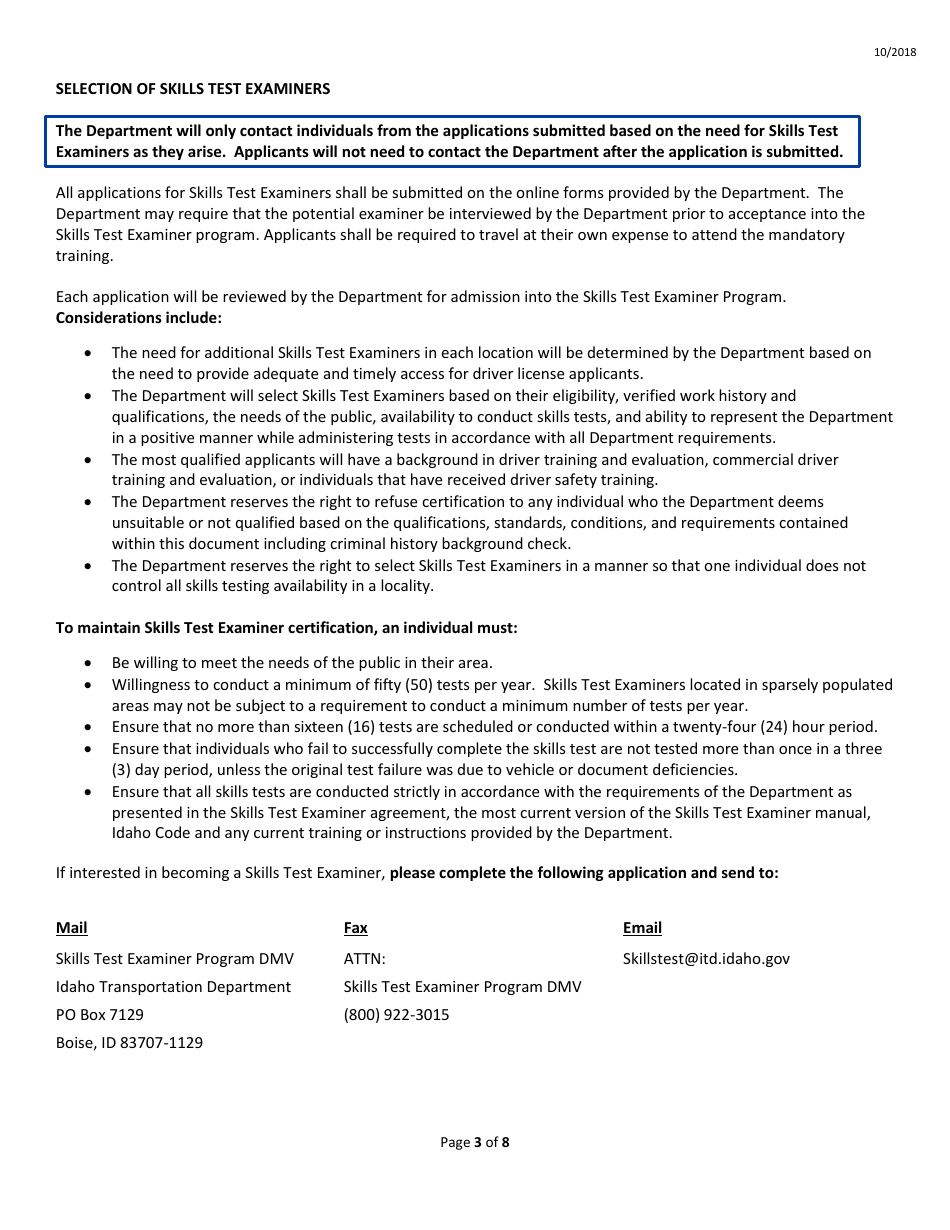 Skills Test Examiner Application Form - Idaho, Page 3