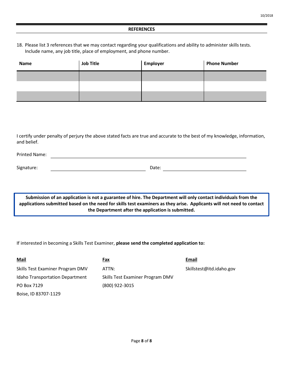 Skills Test Examiner Application Form - Idaho, Page 8
