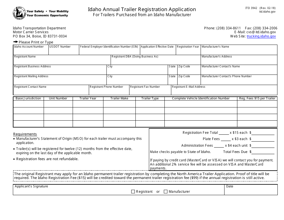 Form ITD3942 Idaho Annual Trailer Registration Application - Idaho, Page 1