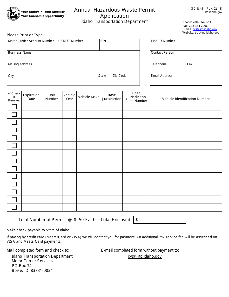 Form ITD4845 Annual Hazardous Waste Permit Application - Idaho, Page 1