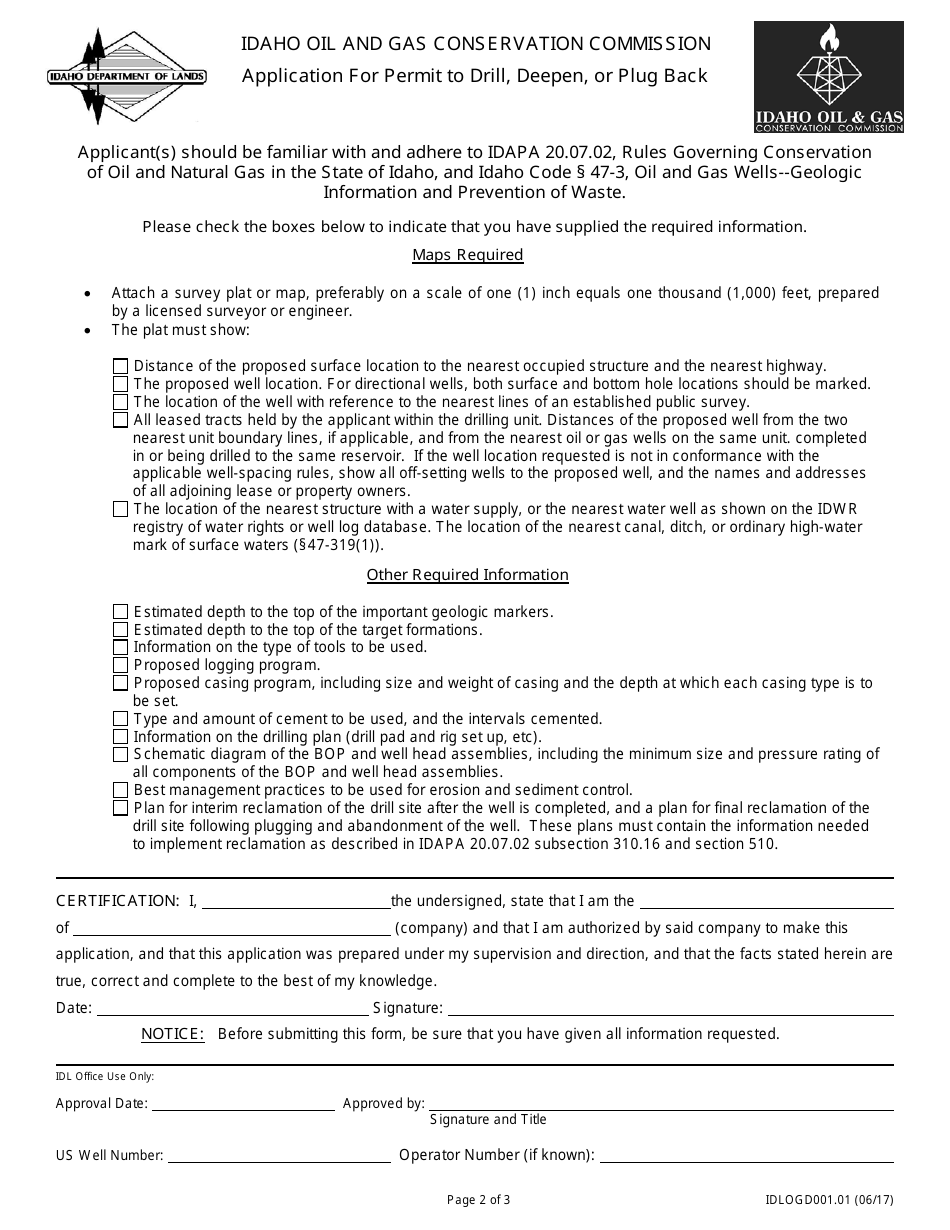 Form IDLOGD001.01 Application for Permit to Drill, Deepen, or Plug Back - Idaho, Page 2
