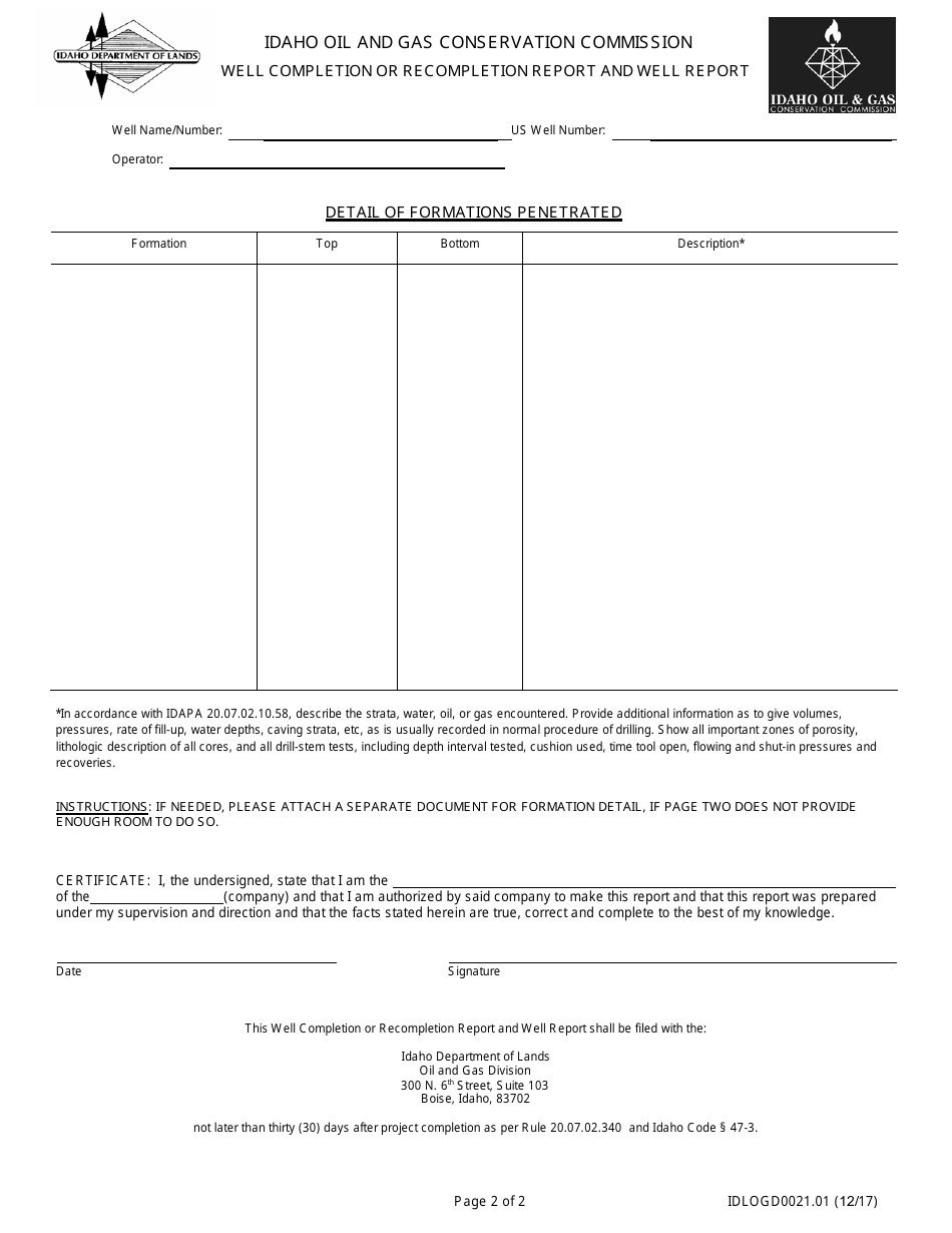 Form IDLOGD0021.01 Well Completion or Recompletion Report and Well Report - Idaho, Page 2