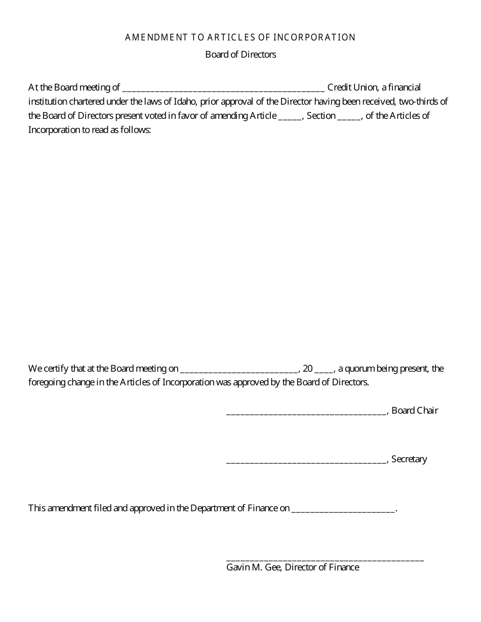 Amendment to Articles of Incorporation - Board of Directors - Idaho, Page 1