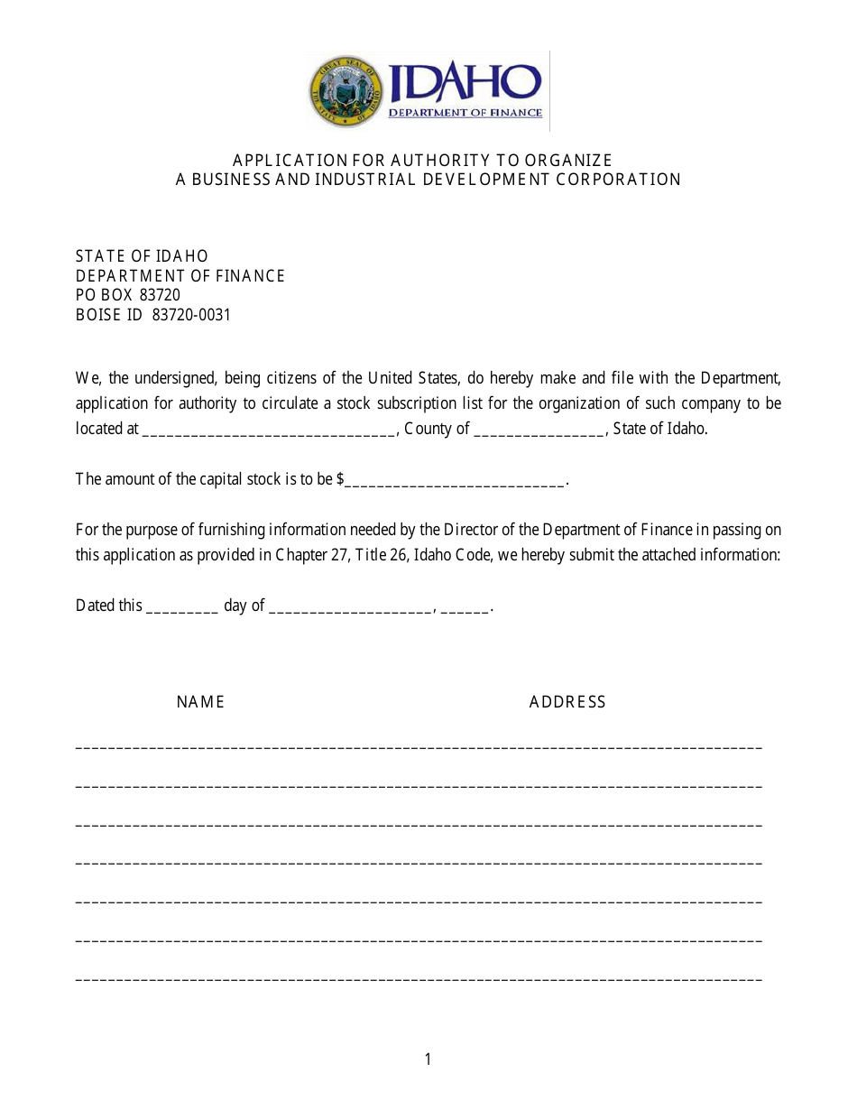 Application for Authority to Organize a Business and Industrial Development Corporation - Idaho, Page 1