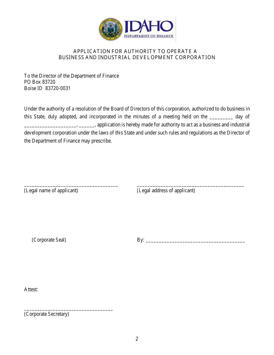 Application for Authority to Organize a Business and Industrial Development Corporation - Idaho, Page 2