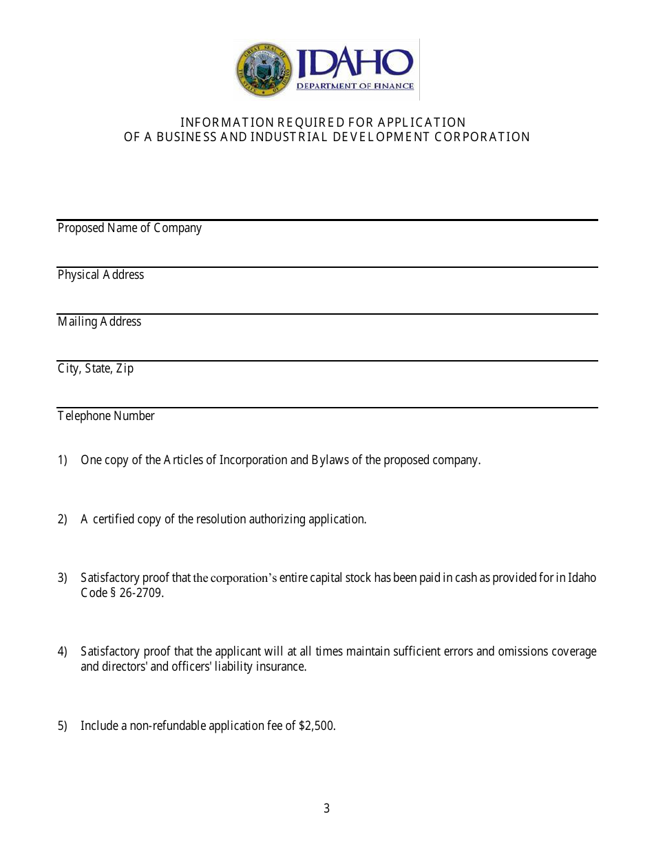 Application for Authority to Organize a Business and Industrial Development Corporation - Idaho, Page 3