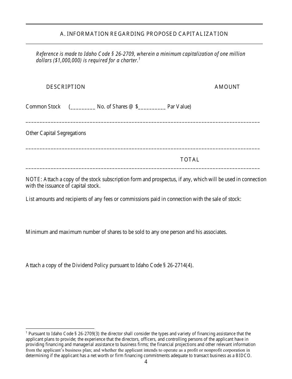 Application for Authority to Organize a Business and Industrial Development Corporation - Idaho, Page 4