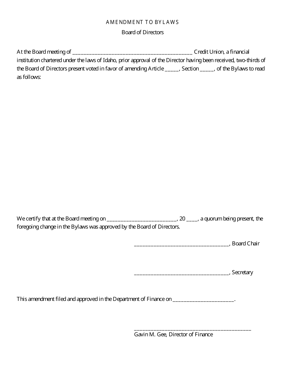 Idaho Amendment to Bylaws - Board of Directors - Fill Out, Sign Online ...