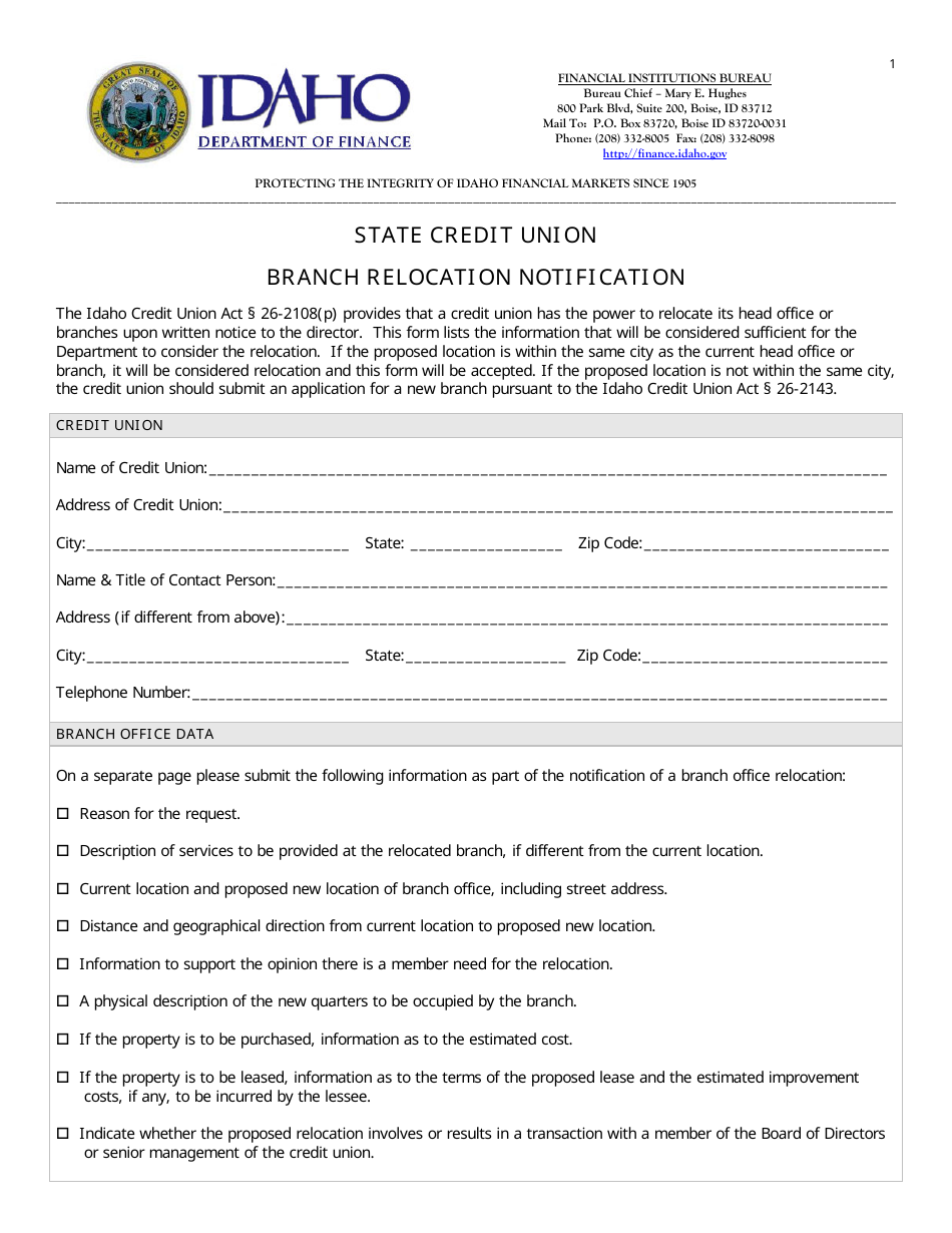 Branch Relocation Notification Form - Idaho, Page 1