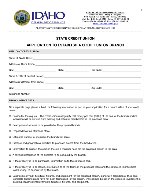 Application to Establish a Credit Union Branch - Idaho Download Pdf