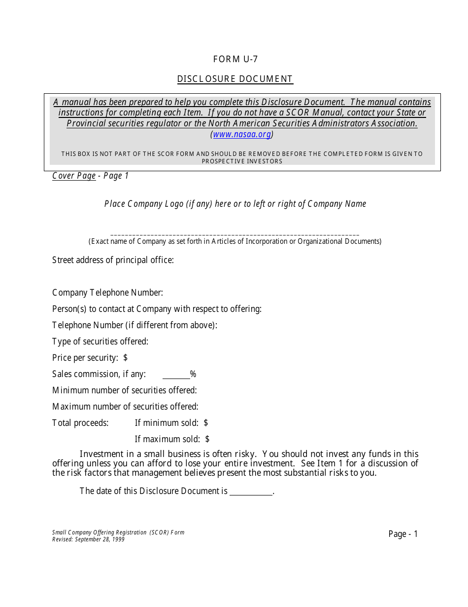 Form U-7 Small Company Offering Registration (Scor) Form - Idaho, Page 1