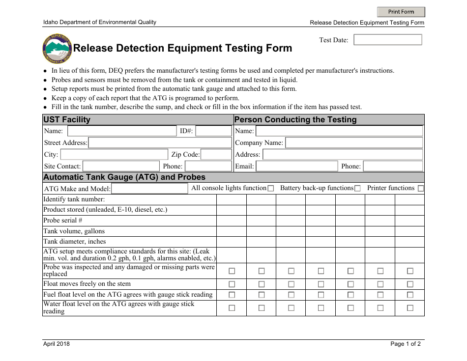 Release Detection Equipment Testing Form - Idaho, Page 1