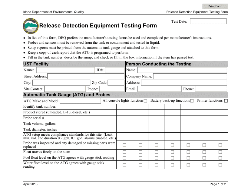 Release Detection Equipment Testing Form - Idaho