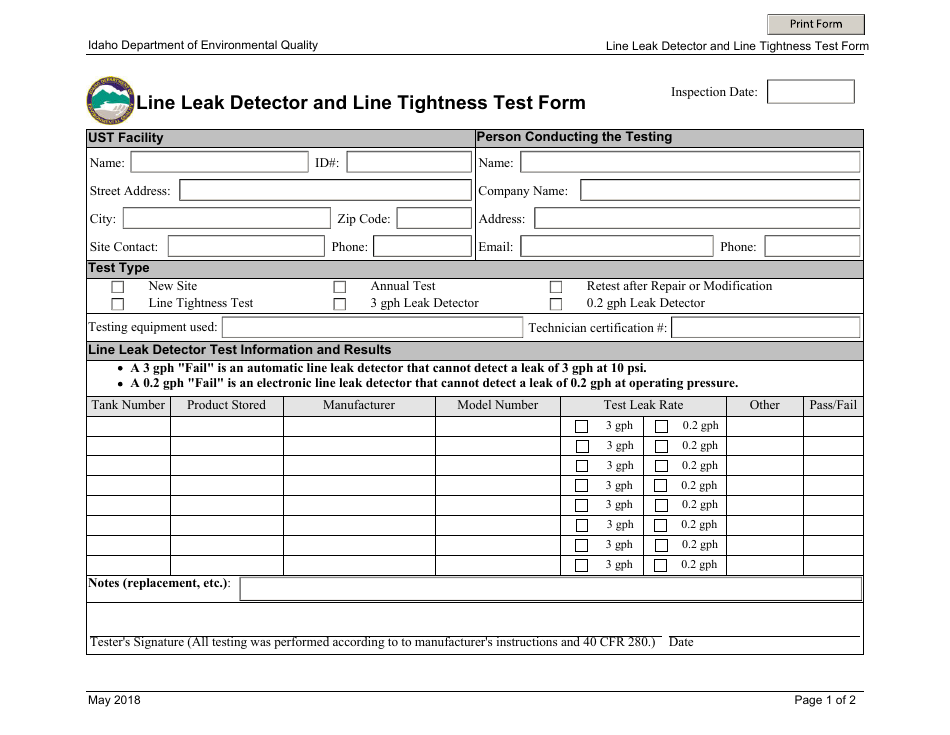 Idaho Line Leak Detector and Line Tightness Test Form Fill Out, Sign