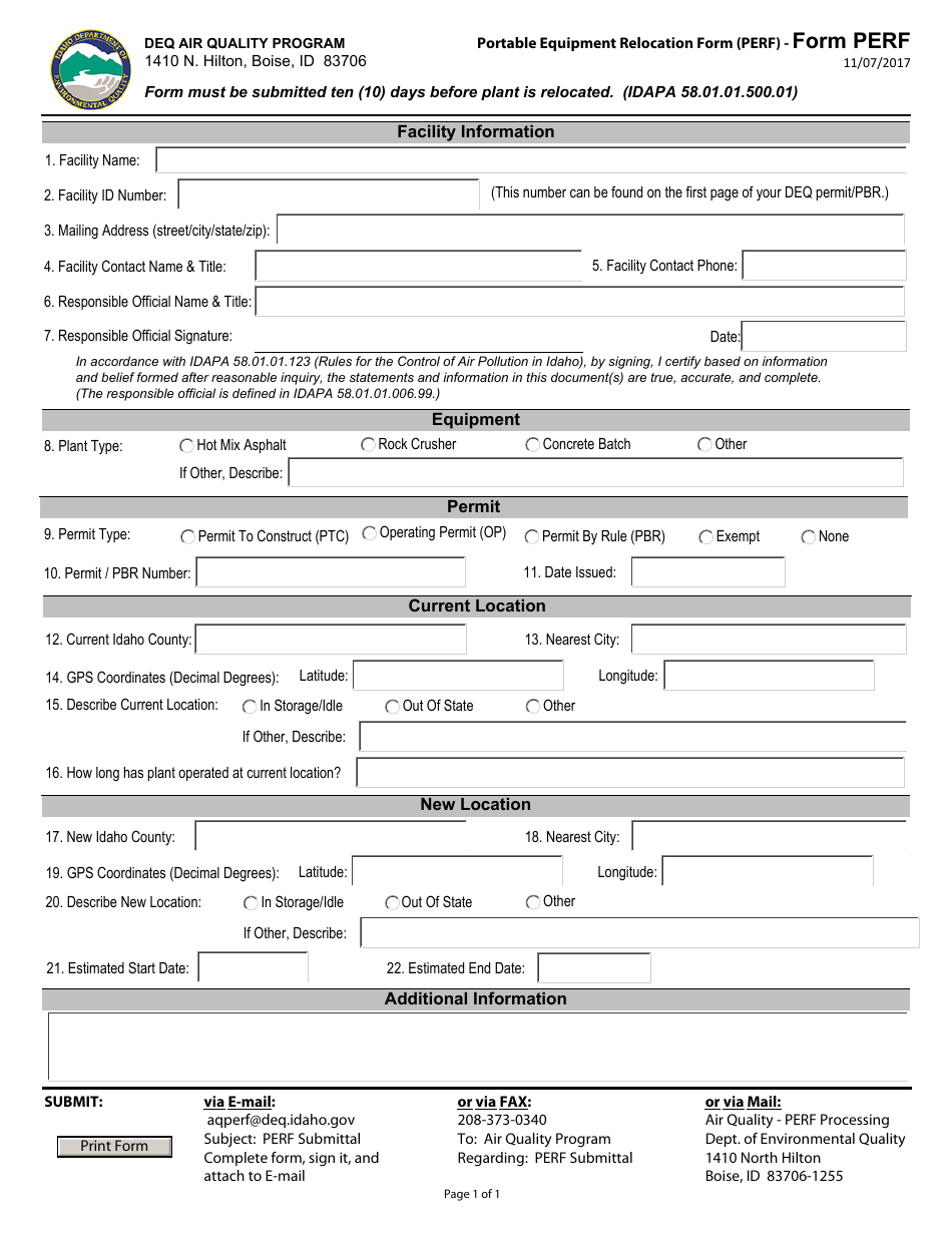 Form PERF Portable Equipment Relocation Form (Perf) - Idaho, Page 1
