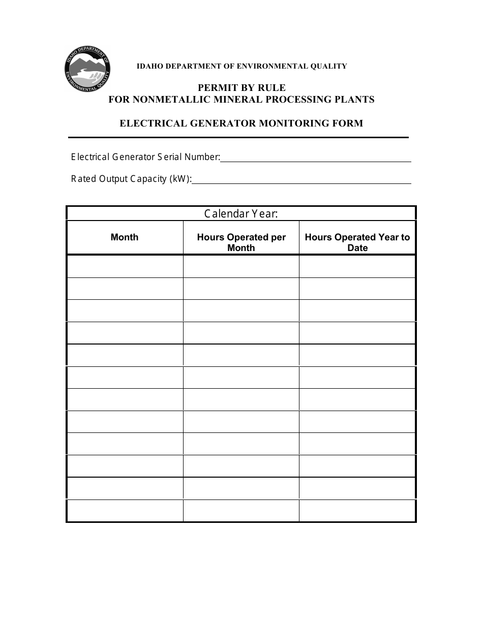 Electrical Generator Monitoring Form - Permit by Rule for Nonmetallic Mineral Processing Plants - Idaho, Page 1