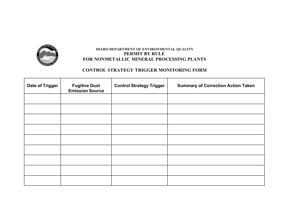 Control Strategy Trigger Monitoring Form - Permit by Rule for Nonmetallic Mineral Processing Plants - Idaho, Page 1