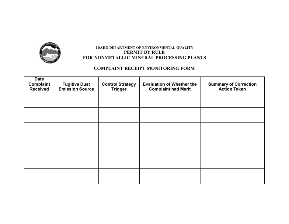 Permit by Rule for Nonmetallic Mineral Processing Plants - Complaint Receipt Monitoring Form - Idaho, Page 1