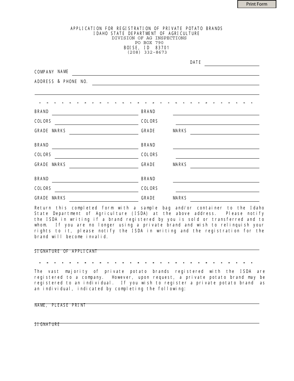 Idaho Application For Registration Of Private Potato Brands - Fill Out 