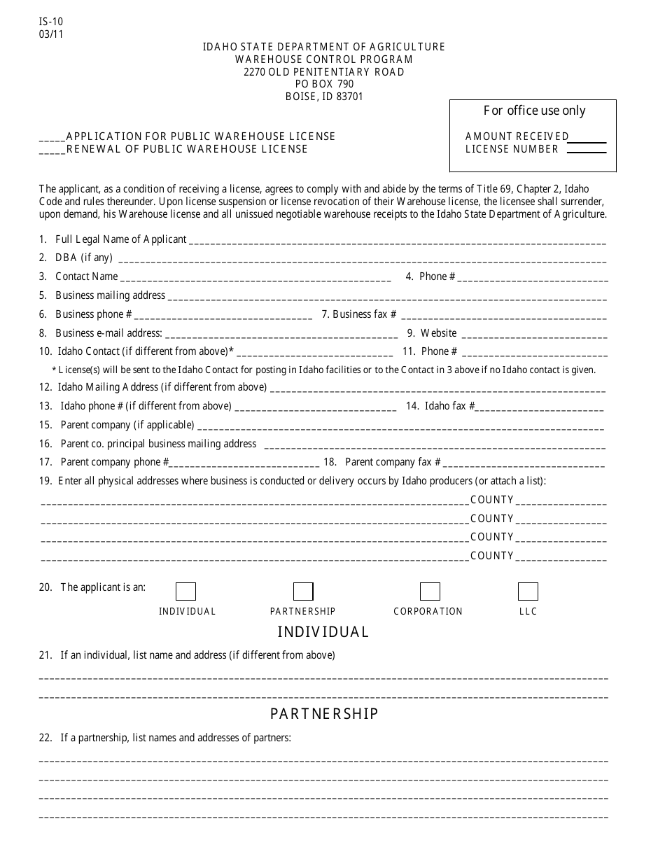 Form IS-10 Application for Public Warehouse License / Renewal of Public Warehouse License - Idaho, Page 1