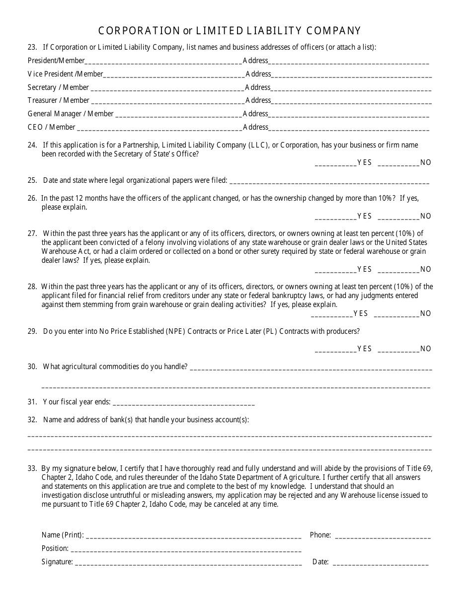Form IS-10 Application for Public Warehouse License / Renewal of Public Warehouse License - Idaho, Page 2