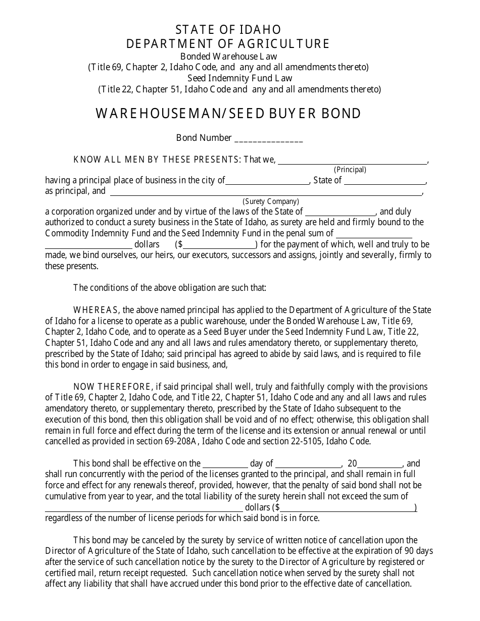 Warehouseman / Seed Buyer Bond Form - Idaho, Page 1