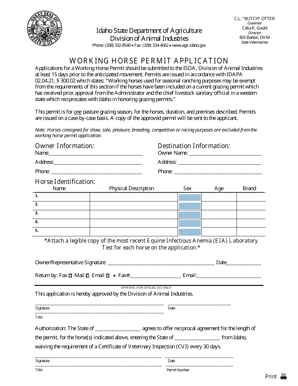 Working Horse Permit Application Form - Idaho, Page 1