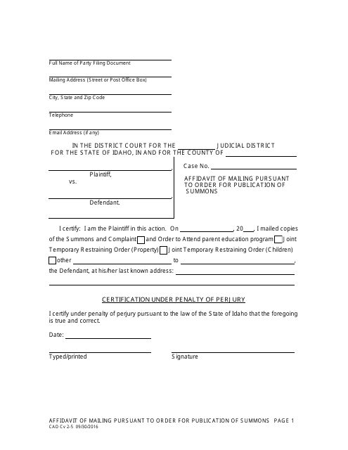 Affidavit of Mailing Pursuant to Order for Publication of Summons - Idaho