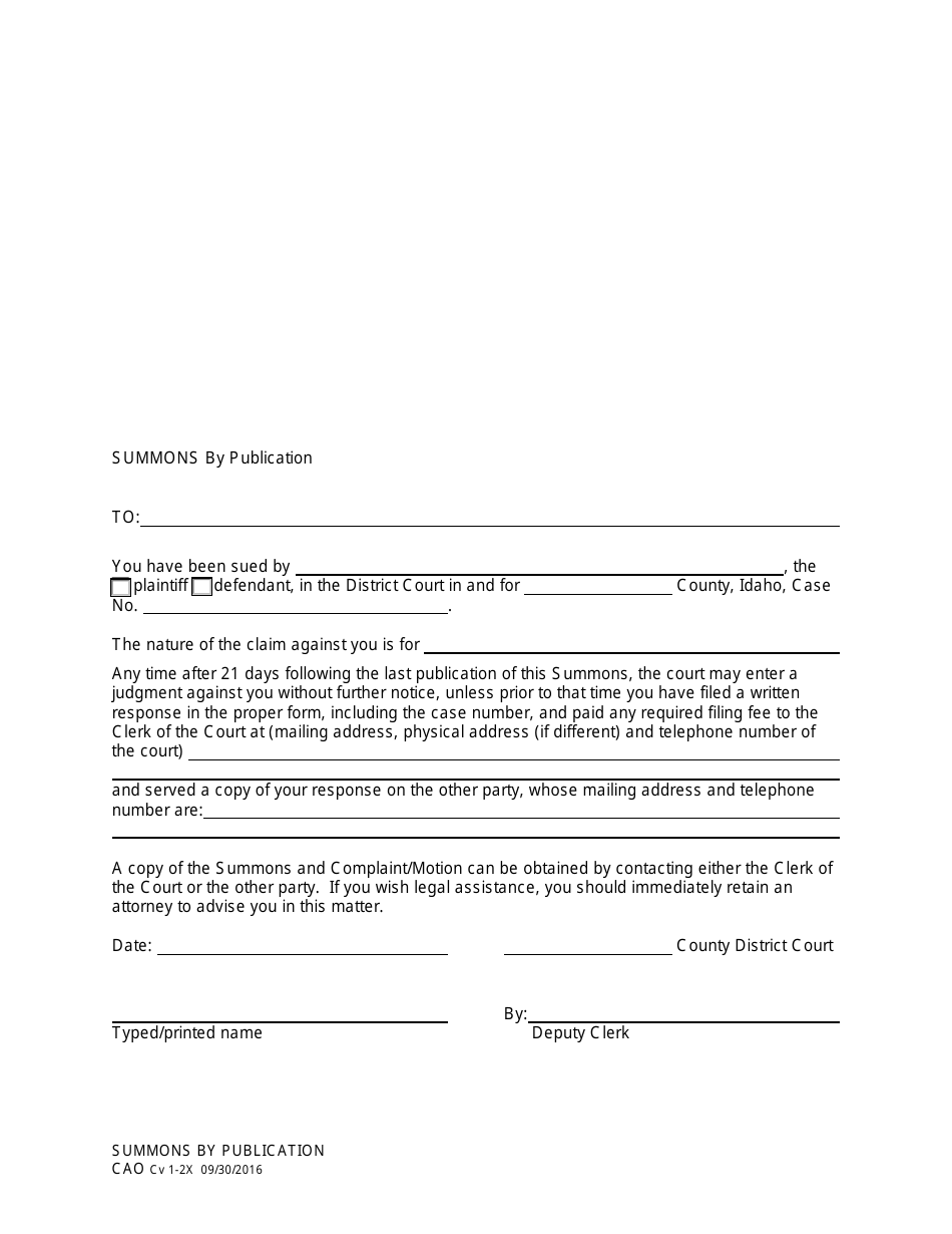Form CAO Cv1-2X Summons by Publication - Idaho, Page 1