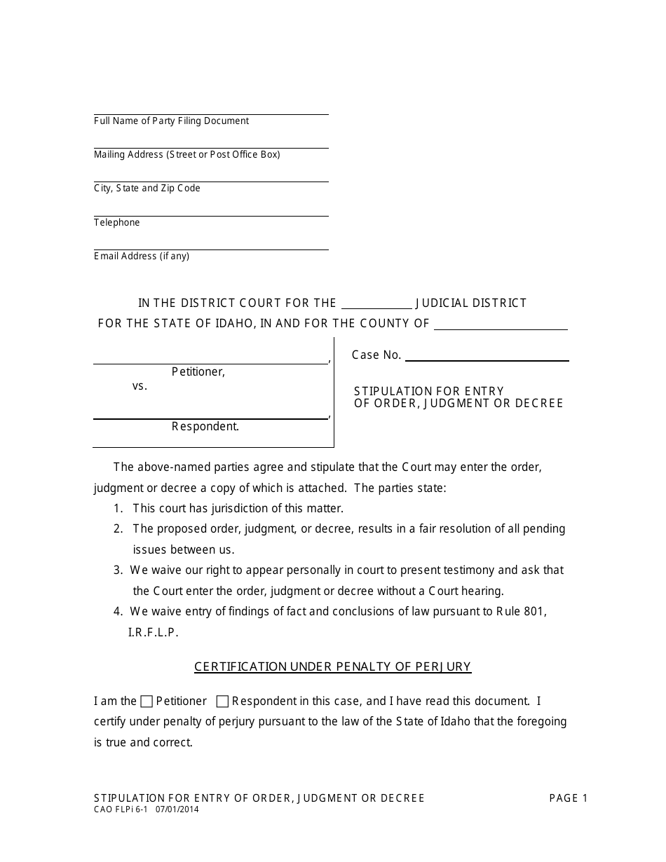 Form CAO FLPi6-1 Stipulation for Entry of Order, Judgment or Decree - Idaho, Page 1