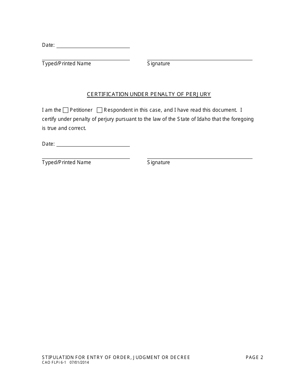 Form CAO FLPi6-1 Stipulation for Entry of Order, Judgment or Decree - Idaho, Page 2